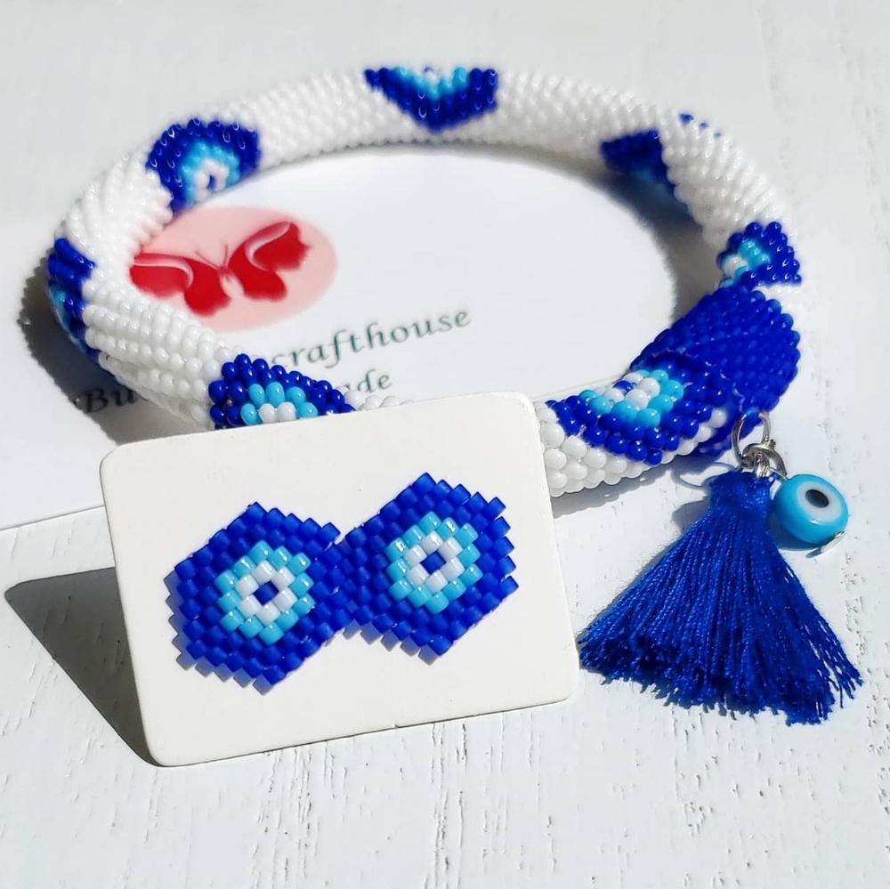 Crochet evileye bracelet and miyuki earrings